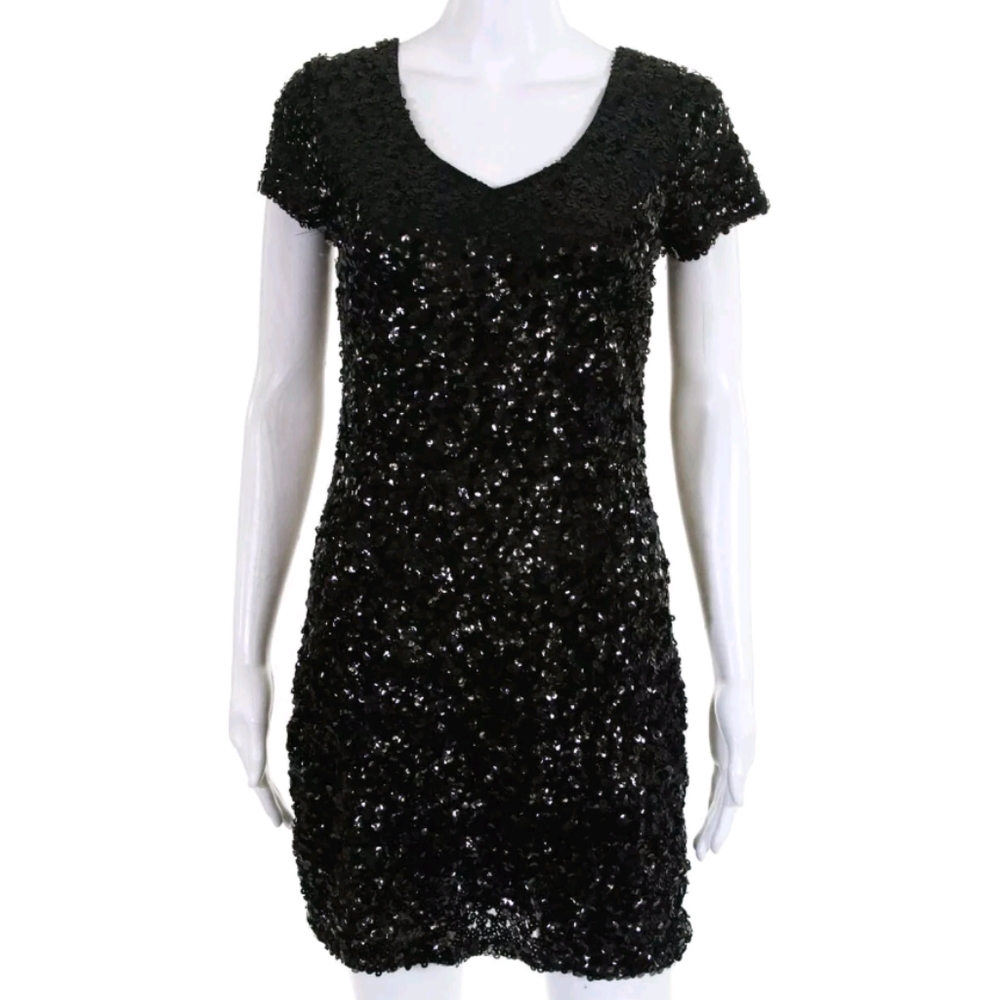 IVANA BLACK SEQUIN DOUBLE V NECK COCKTAIL DRESS 4